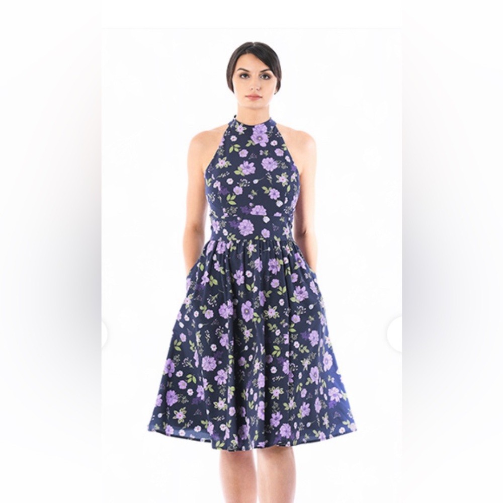 eShakti Floral High Neck Bow Tie Dress